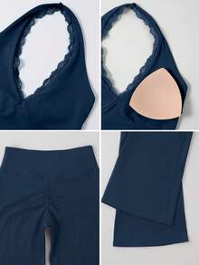 NcmRyu Women's One Set Solid Color Lace Trim V-Neck Halter Backless Vest & Ruched Flare Pants Sports Suit - Blue - View 5