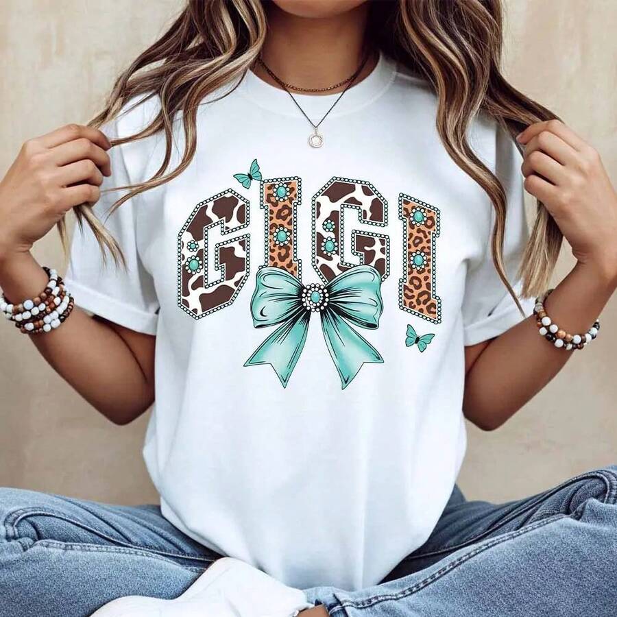 Camiseta de Verano de Alta Gama para Mujer, Estampada, Casual, con Diseño de Leopardo Gigi, Lazo Turquesa y Mariposas, para Ocio y Actividades Deportivas - Blanco - Ver 1