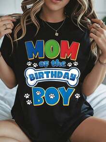 Elegante y casual para mujer, manga corta, camiseta "Mamá del Cumpleañero" con diseño de huella de perro, ropa casual blanca para el Día de la Madre, primavera y verano. - Negro - Ver 8