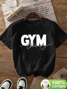 Women's Short-Sleeved T-Shirt, 100% Casual, Loose, Comfortable, Soft, Breathable, With Round Neck And Minimalist Print With The Word "Gym" NC-096 0322388X-1 - 黑色 - 查看 5