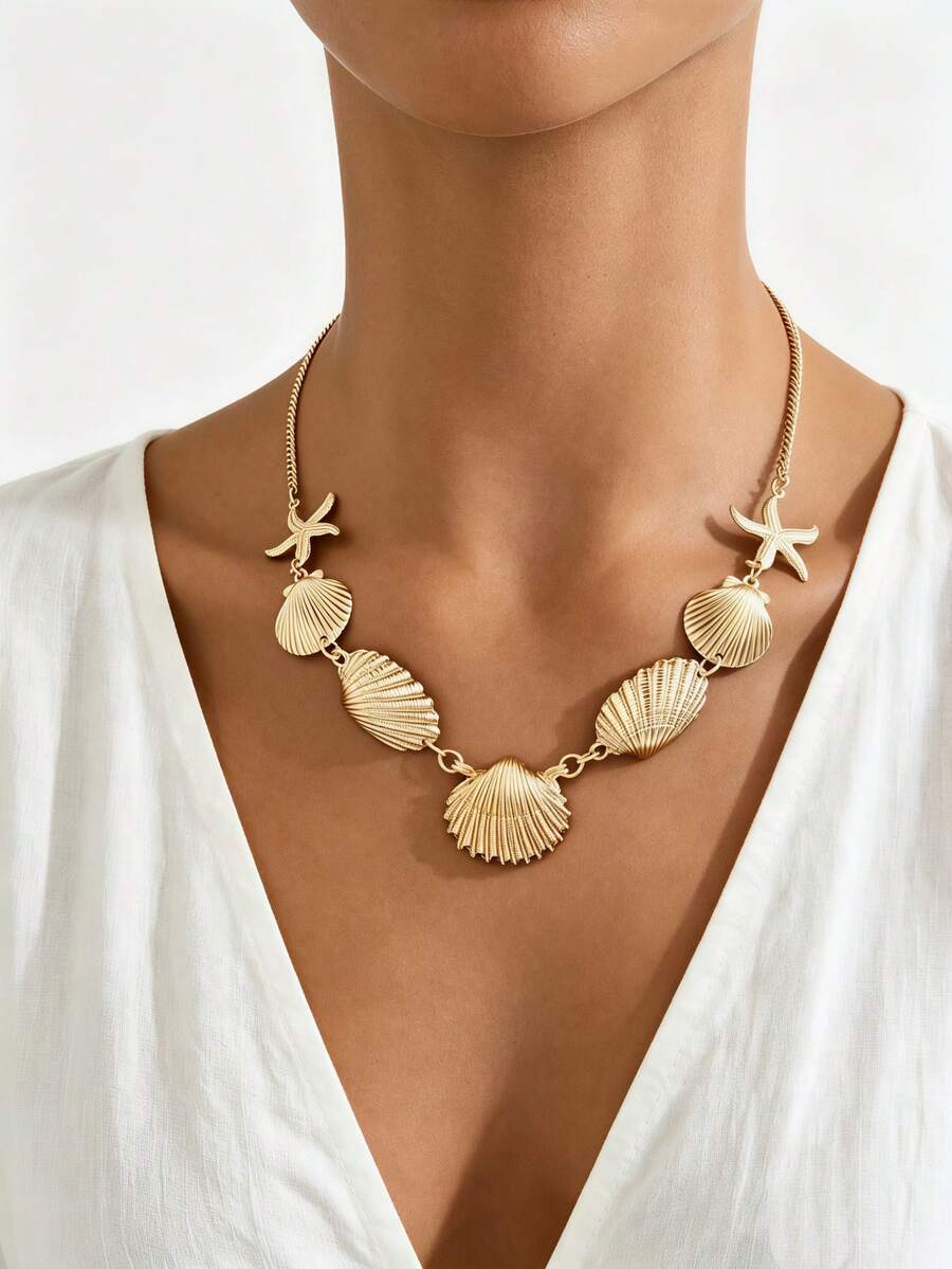 1 chiếc vòng cổ kiểu Boho mạ vàng họa tiết đại dương (vỏ sò + sao biển), dây xích hình rắn, thích hợp cho các bữa tiệc bãi biển hoặc kỳ nghỉ, dành cho nữ. - Vàng - Xem 1