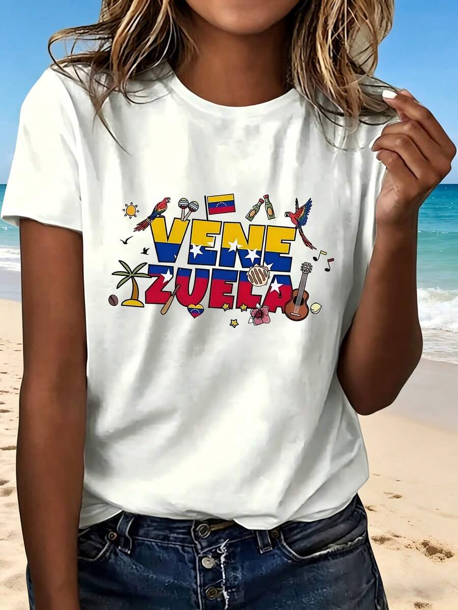 Flag And Culture Print T Shirt With Colorful Design Fashion Casual Wear For Beach Vacation Travel Outdoors Perfect Gift For Friends And Family - White - View 1