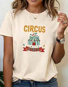 NewSummerCasualCamiseta ligera de estilo retro y divertido de circo con estampado de personal de circo, cuello redondo para mujer, primavera/verano, regalo informal para compras o vacaciones, ideal para reuniones de amigos, 100% algodón. Camisas de mujer - Camiseta unisex de algodón holgada de manga corta y cuello redondo estilo vintage urbano - Albaricoque - Ver 6