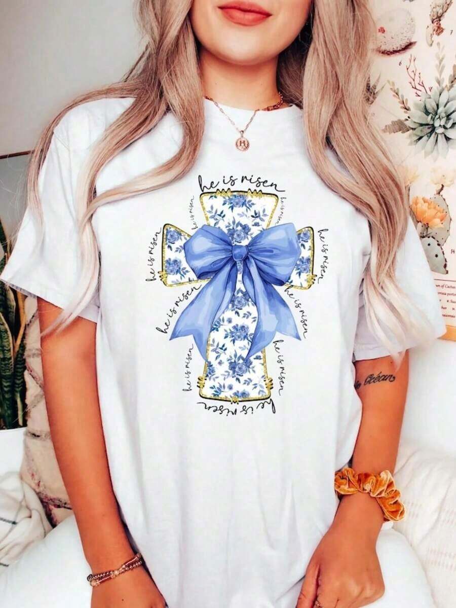 Easter T-Shirt "He Has Risen", Easter T-Shirt With Cross, Jesus T-Shirt, Blue Chinoiserie Style Easter T-Shirt, Blue With Flirty Bow, Unisex Graphic T-Shirts, Funny T-Shirt - 白色 - 查看 1