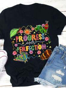 2026 Nuevos Éxitos de . Camiseta de cuello redondo. 1 pieza. Nueva camiseta estampada para la temporada de regreso a clases. El progreso es mejor que la perfección. Camiseta casual de cuello redondo para mujer, adecuada para verano y otoño. - Negro - Ver 7