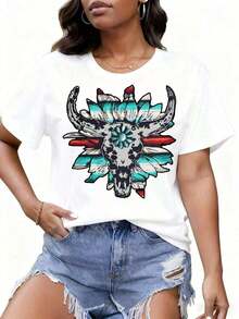 White T Shirt With Bull Skull And Feather Print Women'S Casual Short Sleeve Top Boho Style Graphic Tee For Summer Fashionwoman Todo Tipo De Impresiones, Chaqueta, Camiseta De Cuello Redondo, Casual, Para Oficina, Para Viajar, Muy Popular, Viento Deportivo, Estampado/PatróN, Camiseta De AlgodóN 100%, Camiseta Casual, CóModa, Suave, Transpirable The Latest Popular Bestseller - Blanco - Ver 8