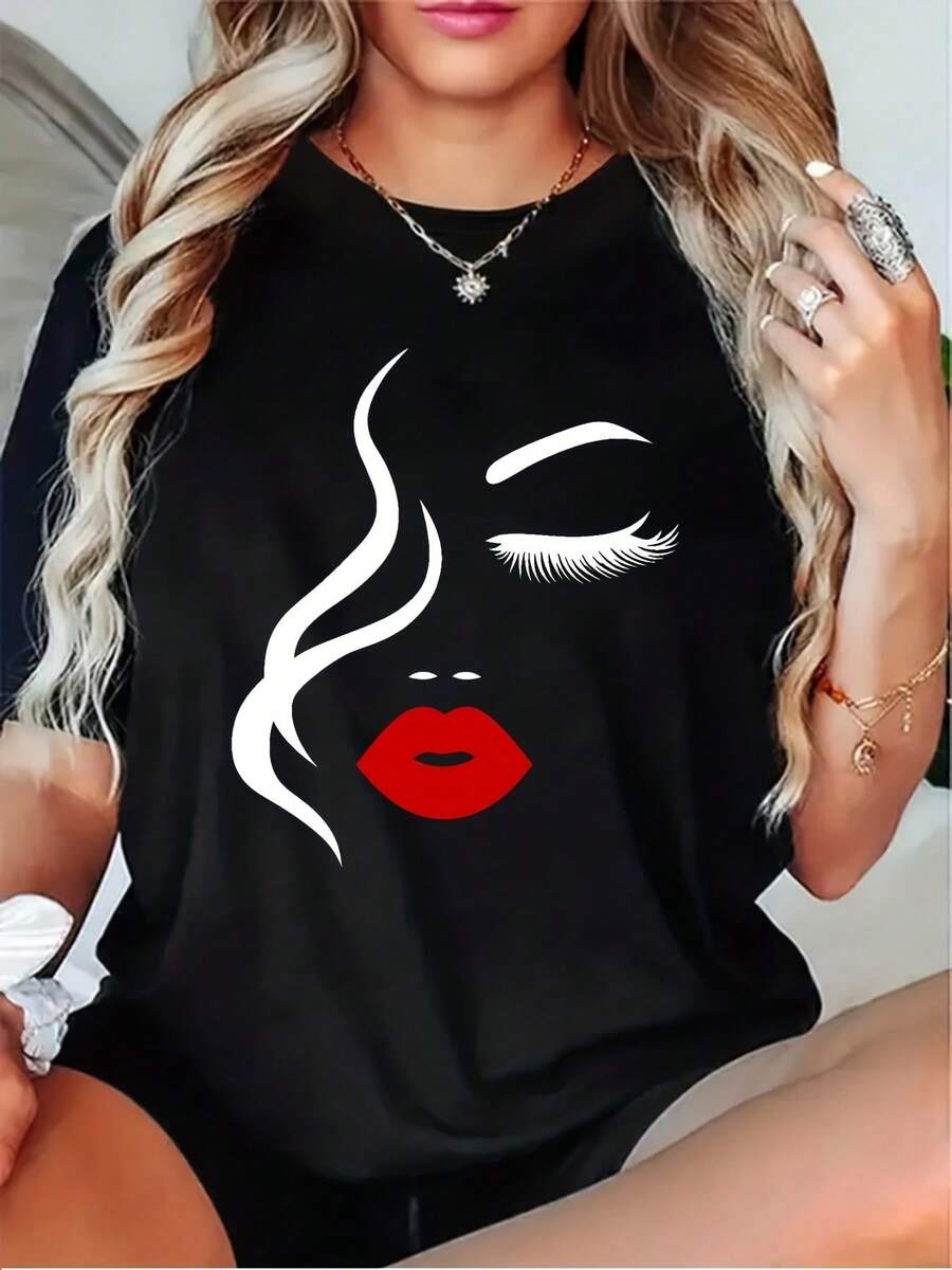 Minimalist Women's T-Shirt With A Bright Red Face And Lips Design. This Casual Top Features Short Sleeves And A Round Neck, And Is Available In Black, Gray, White, And Dark Red. It's A Versatile Item, Suitable For All Seasons, And Machine Washable. - 黑色 - 查看 1