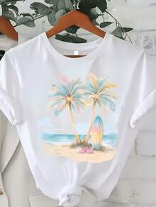 Camiseta blanca de mujer, 100% algodón, con estampado de palmeras y tablas de surf en acuarela, camiseta de manga corta para vacaciones de verano, adecuada para días de playa, salidas informales, uso diario y viajes, lavable a máquina, no destiñe, suave al tacto, estilo tropical de verano. - Blanco - Ver 8