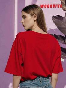 Ropa Curvy en Oferta y WOOAVIVA Camiseta de Mujer de Talla Grande, Suave, 100% Algodón, a la Moda para Verano, Estilo Y2K Cleanfit, Casual, Ajustada, Colorida, Diseño Maestro ABC, Regalo Perfecto para Maestros, Profesores Escolares, Regreso a Clases, Agradecimiento a Maestros, Casual, Perfecta para Todas las Temporadas, Camisetas para Mujer Y2K - Rojo - Ver 3