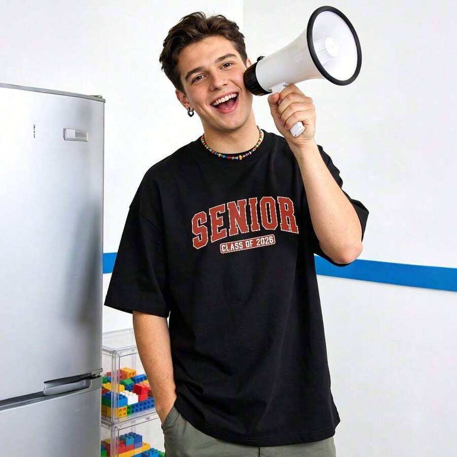 Men's Summer Casual Soft Round Neck Short Sleeve T-Shirt,Senior Class Of 2026 Print Graphic Suitable For Graduation Wear.White - Black - View 1