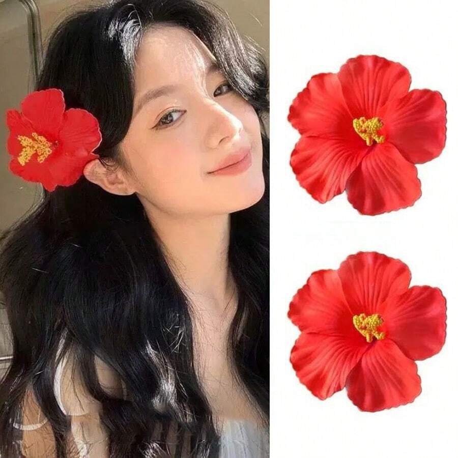 2入紅色夏威夷木槿花髮夾,適合女性與女孩,大尺寸多色熱帶人造花髮夾,波希米亞風髮飾,適合夏季海灘度假、夏威夷主題派對、婚禮伴手禮與情人節,髮梳髮夾 - 彩色 - 查看 1