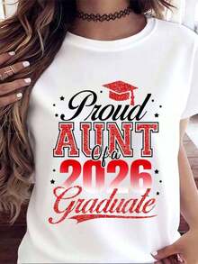 Camiseta "Tía Orgullosa de un Graduado de 2026", Regalo de Celebración de Graduación para Familiares, Camiseta de Algodón Cómoda de 220g - Blanco - Ver 2