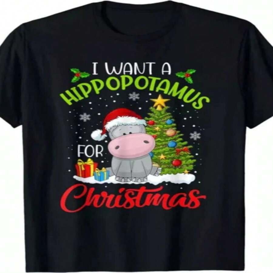 Decoraciones exclusivas para el Día de la Independencia y el Día del Padre: Divertida camiseta con el lema "Deseo de Navidad: Quiero un hipopótamo" - unisex, talla SXL, 100 - Camiseta retro con temática de hipopótamo, adecuada para uso casual o atuendos festivos durante todo el a?o. - Negro - Ver 1