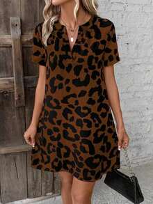 Vestido casual con estampado de leopardo y cuello en pico - Marrón - Ver 6