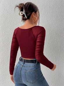 Top crop de cuello cuadrado fruncido de malla - Burdeos - Ver 2