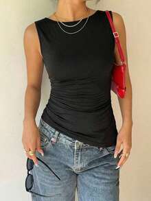 Blusa social sin espalda, tops de verano para mujeres de unicolor, cuello redondo, sin espalda, casual, versátil, camiseta diaria, tops sin espalda para mujeres, tops con espalda abierta para mujeres, tops sin espalda para el verano - Negro - Ver 6