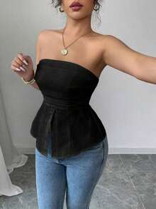 Blusa casual y sexy con diseño sin espalda y textura tejida para mujer, /verano - Negro - Ver 5