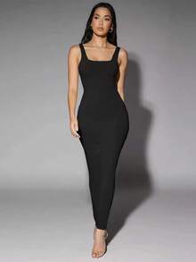 Vestido de tirantes de cuello redondo liso - Negro - Ver 1