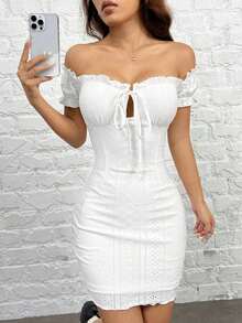 Vestido ajustado de punto con hombros descubiertos - Blanco - Ver 5