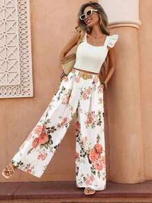 Nuevos pantalones culotte de unicolor melocotón de cintura alta, estilo elegante adecuado para uso diario y laboral, temporada de graduación, festival de música, carreras de derby, Día de la Independencia - Blanco - Ver 1