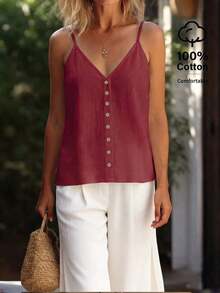 Camiseta sin mangas casual y holgada con botones decorativos de unicolor para mujer - Rojo - Ver 3
