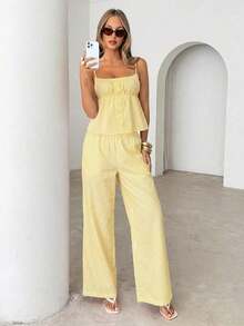 Conjunto de 2 piezas de camiseta de tirantes y pantalones a rayas de moda casual para mujer - Amarillo - Ver 5