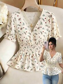 Blusa de mujer con estampado floral rojo sobre base albaricoque, con cintura fruncida y mangas abultadas, elegante y encantadora, adecuada para cumpleaños, carnaval, Día del Trabajo, vuelta al colegio, viajes, playa y estilo callejero en verano - Multicolor - Ver 1
