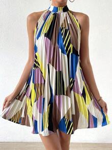 Vestido plisado con hombros abiertos y estampado para vacaciones, conjunto de ropa de playa para vacaciones - Multicolor 5 - Ver 8