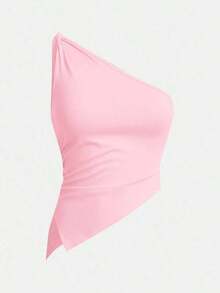Top elegante de un hombro con un giro en color rojo burdeos delgado para mujer - Rosa Pálido - Ver 7
