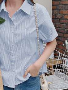 de manga corta con cuello de solapa bordada con lazo, para primavera y verano - Azul y blanco - Ver 1