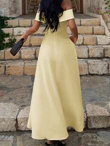 Vestido de mujer de unicolor con hombros descubiertos, nuevo vestido largo elegante y ajustado sin espalda para fiestas, uso diario y citas - Amarillo - Ver 5