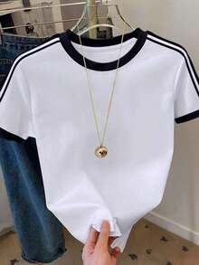 Camiseta de mujer de manga corta, cuello redondo y bloque de color, casual de verano - Blanco 3 - Ver 1