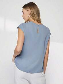 Blusa de mujer con mangas de murciélago asimétricas, de unicolor, estilo básico urbano de viaje, moda elegante y sencilla para negocios casuales, adecuada para maestras y uso en la oficina - Niebla azul - Ver 2