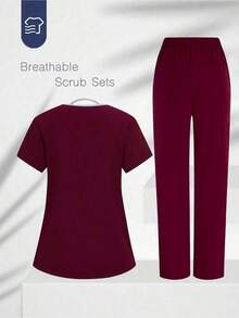 Conjunto de uniforme de pijama de unicolor con parches, cuello en V y manga corta - Burdeos - Ver 2