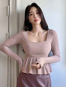Blusa casual de mujer con cuello cuadrado, manga corta, silueta acampanada y tela texturizada, top sexy y lindo - Rosa - Ver 3