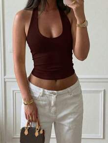 Camiseta sin espalda ajustada de color amarizo sólido con tirantes finos, blusa casual para mujer, adecuada para la playa, el hogar y el uso diario en verano - Burdeos - Ver 4
