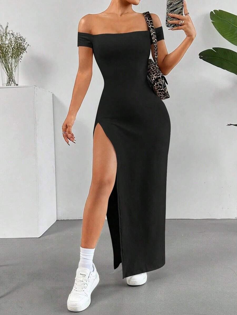 Vestido de verano para mujer con hombros descubiertos y abertura alta en unicolor - Negro - Ver 1