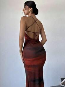 Vestido ajustado de tela transparente con tirantes de atar en el hombro descubierto y espalda descubierta, de colores degradados, elegante para uso diario u ocasiones de vacaciones, estilo veraniego - Burdeos - Ver 5