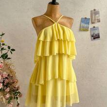 New Elegant Romantic Wedding Guest Solid Color Backless Multi-Layer Ruffle Chiffon Mini Dress, Suitable For Bohemian, Boho, Romantic Floral, Vacation, Floral Party, Date, Valentine's Day, Easter, Carnival, Afternoon Tea, Beach, Cruise, City Street Holiday,Summer Dresses For Women - Multicolor - Ver 7
