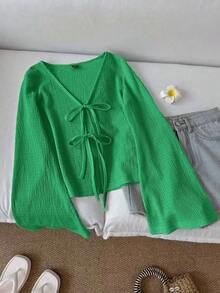 Blusa casual de mujer de manga acampanada con lazo, unicolor, top color burdeos, top rojo vino, top rojo oscuro, ropa estilo cottagecore, blusas rojas para mujer, casual - Verde 2 - Ver 1