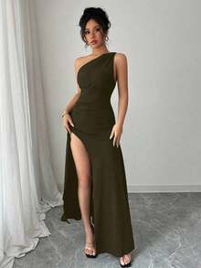 Nuevo vestido negro asimétrico sexy con hombro plisado, recorte hueco y abertura alta, adecuado para vacaciones, citas y fiestas en verano - Verde militar - Ver 5