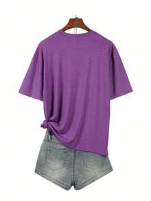 Camiseta de talla grande con estampado de eslogan, camiseta casual de manga corta con cuello redondo, ropa de talla grande para mujer - Morado - Ver 2