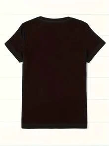Camiseta de Mujer Personalizada con Estampado de Letras, Cuello Redondo, Manga Corta, Estilo Casual, para Primavera y Verano - Negro - Ver 2