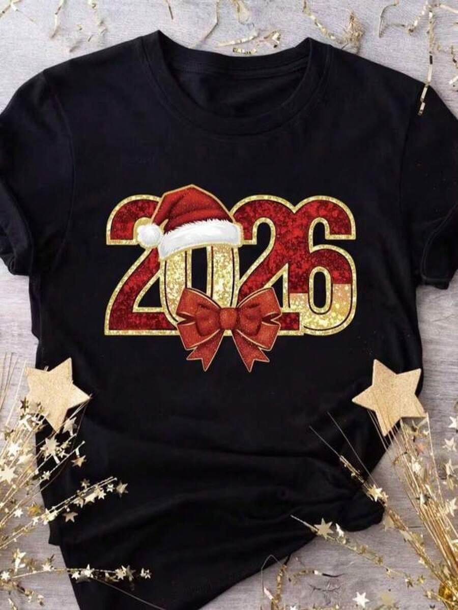New 2026 Playera con estampado del número 2026, ideal para recibir el año, colores brillantes, ideal para esta temporada y uso diario, llamativo, moderno, holgado, cuello redondo, manga corta, ideal para toda la familia - Negro - Ver 1