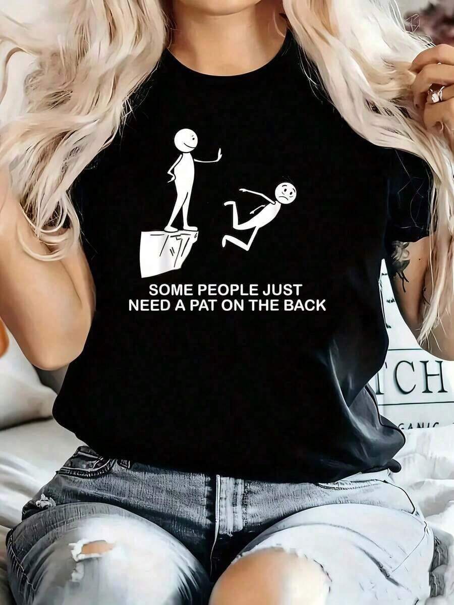 Plus Size Women's Casual Graphic Tees - Featuring The Funny Phrase 'Some People Just Need A Love On The Back' - 100% Cotton - Women's Summer Clothing - Casual Short Sleeve T-Shirt - Fashionable Blouses For Women - Summer Blouses - Suitable For Spring, Summer, And Autumn - 黑色 - 查看 1