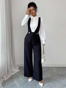 Elenzya Mono elegante para maestras con diseño de cuello en V profundo y cintura de tela gruesa negra, adecuado para el Día de la Independencia, el Cyber Monday, Halloween, el Día del Soltero, la fiesta de regreso a clases, la fiesta del Día del Soltero, vacaciones, Nochebuena, Navidad, Víspera de Halloween, Acción de Gracias, Carnaval de Navidad, Diwali, viajes, lugar de trabajo, mono de otoño - Negro - Ver 5