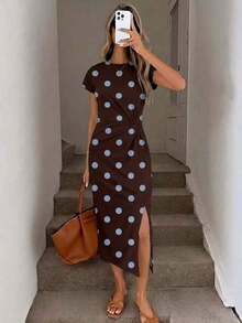 Vestido midi sin mangas con estampado de lunares marrones y azules, cintura elegante con detalle retorcido y abertura alta, vestido ajustado de punto casual para mujer, atuendo de cumpleaños para mujer, conjunto deportivo para mujer, vestido para invitadas de boda, ropa de oficina para mujer, vestidos de verano para mujer. - Multicolor 5 - Ver 6