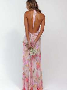Vestido ajustado  con diseño de cuello halter y espalda abierta - Rojo - Ver 5