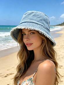 1 pieza Sombrero de cubo de mezclilla para mujer, diseño clásico lavado y con bordes desgastados para primavera y verano, protección solar, adecuado para uso al aire libre y en la playa - Multicolor - Ver 3