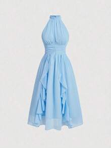 MOD Vestido elegante de cuello halter con pliegues y ribete de volantes para mujer - Celeste - Ver 1